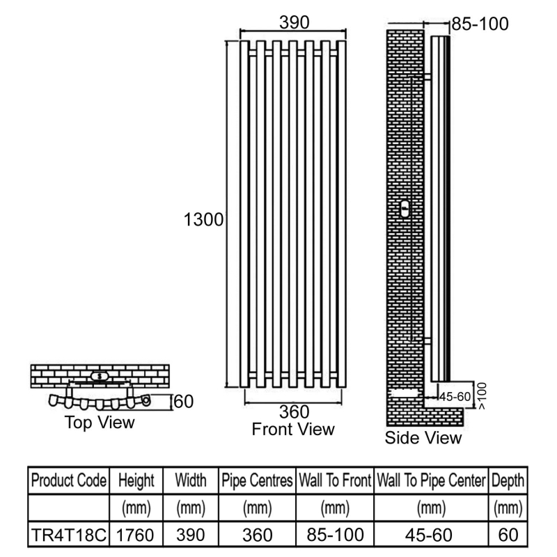 Ultraheat Trojan Single Designer Vertical Radiator 1760mm H x 390mm W Chrome