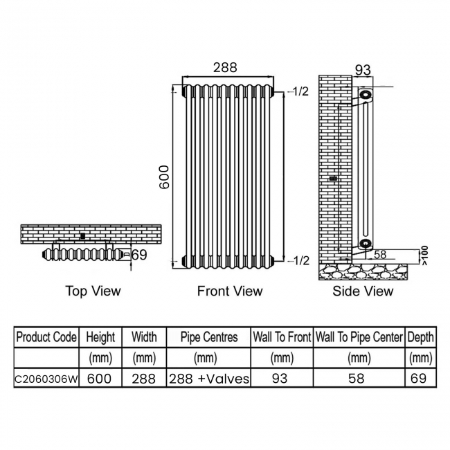 Ultraheat Tubular 2-Column Radiator 600mm H x 288mm W 6 Sections - White