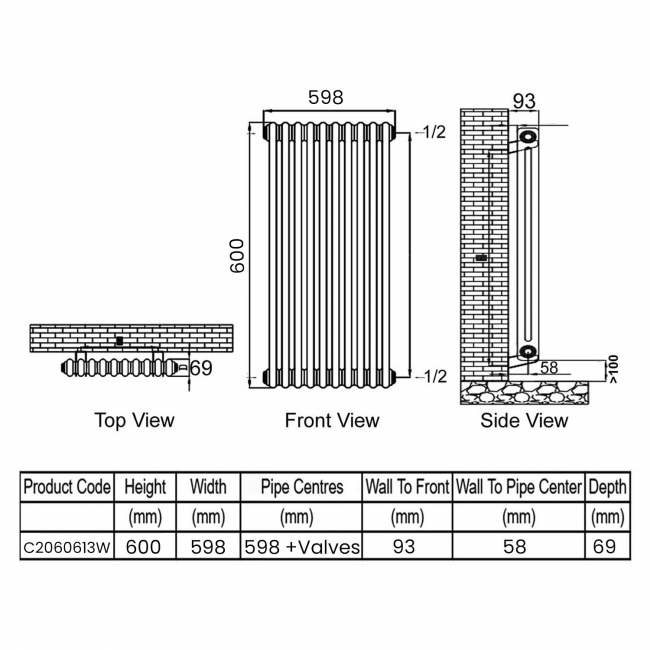 Ultraheat Tubular 2-Column Radiator 600mm H x 598mm W 13 Sections - White