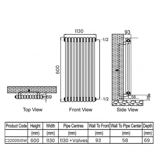 Ultraheat Tubular 2-Column Radiator 600mm H x 1130mm W 25 Sections - White