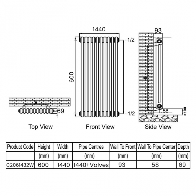 Ultraheat Tubular 2-Column Radiator 600mm H x 1440mm W 32 Sections - White