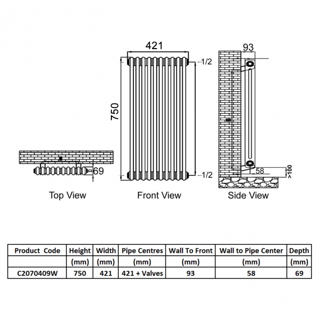 Ultraheat Tubular 2-Column Horizontal Radiator 750mm H x 421mm W (9 Sections)  | Dimension Image