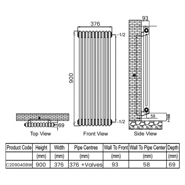 Ultraheat Tubular 2-Column Radiator 900mm H x 376mm W 8 Sections - White