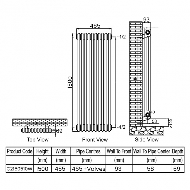 Ultraheat Tubular 2-Column Radiator 1500mm H x 465mm W 10 Sections - White