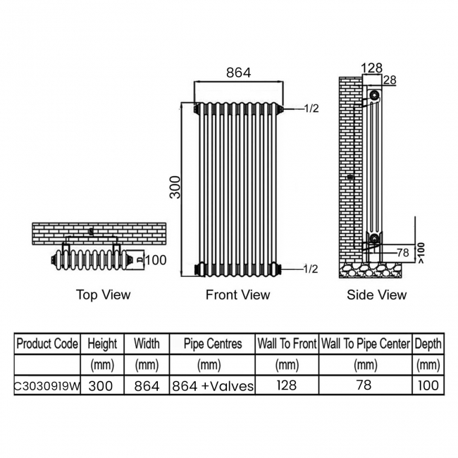 Ultraheat Tubular 3-Column Radiator 300mm H x 864mm W 19 Sections - White