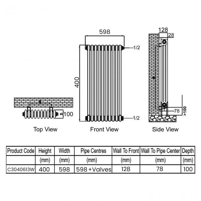 Ultraheat Tubular 3-Column Radiator 400mm H x 598mm W 13 Sections - White