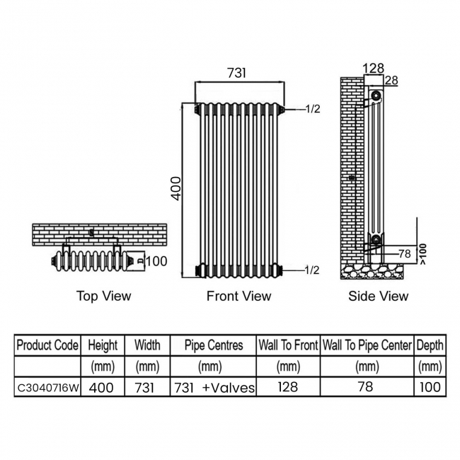 Ultraheat Tubular 3-Column Radiator 400mm H x 731mm W 16 Sections - White