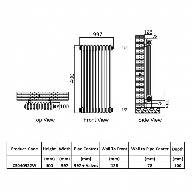 Ultraheat Tubular 3-Column Horizontal Radiator 400mm H x 997mm W (22 Sections)  | Dimension Image