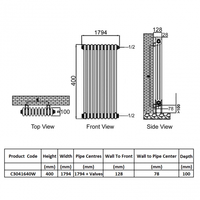 Ultraheat Tubular 3-Column Horizontal Radiator 400mm H x 1794mm W (40 Sections)  | Dimension Image