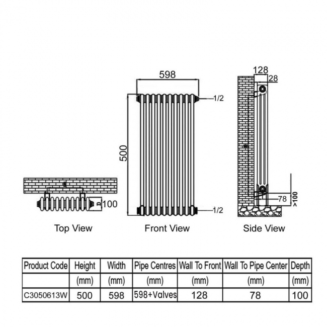 Ultraheat Tubular 3-Column Radiator 500mm H x 598mm W 13 Sections - White