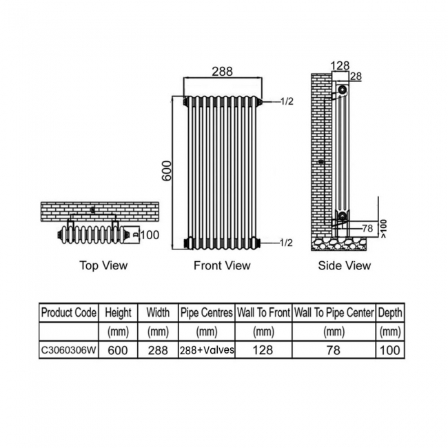 Ultraheat Tubular 3-Column Radiator 600mm H x 288mm W 6 Sections - White