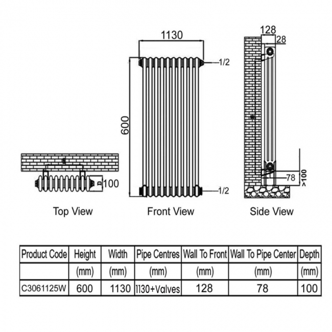 Ultraheat Tubular 3-Column Radiator 600mm H x 1130mm W 25 Sections - White  | Dimension Image