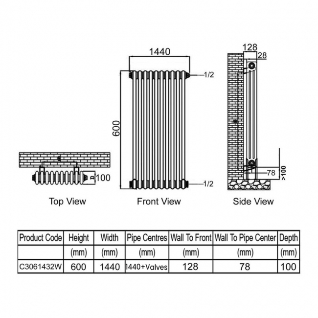 Ultraheat Tubular 3-Column Radiator 600mm H x 1440mm W 32 Sections - White