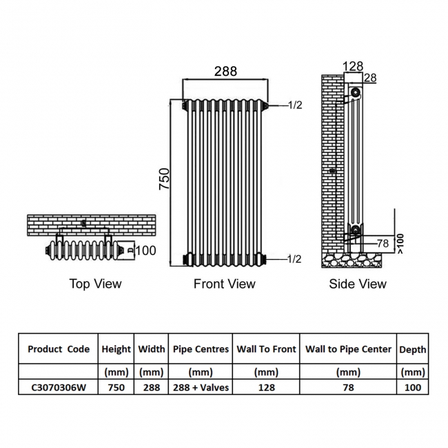 Ultraheat Tubular 3-Column Horizontal Radiator 750mm H x 288mm W (6 Sections)  | Dimension Image