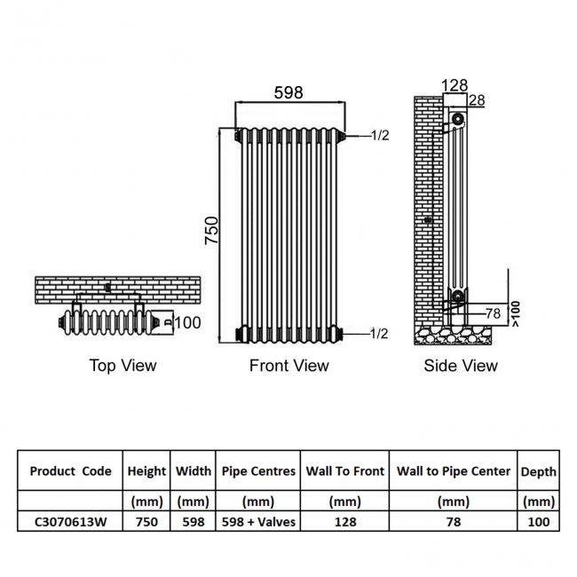 Ultraheat Tubular 3-Column Horizontal Radiator 750mm H x 598mm W (13 Sections)  | Dimension Image
