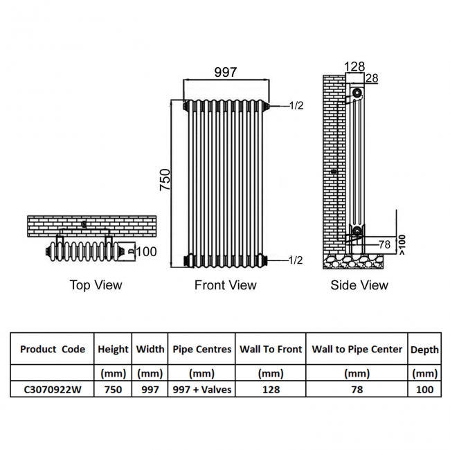 Ultraheat Tubular 3-Column Horizontal Radiator 750mm H x 997mm W (22 Sections)  | Dimension Image