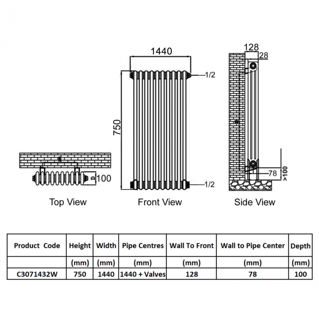 Ultraheat Tubular 3-Column Horizontal Radiator 750mm H x 1440mm W (32 Sections)  | Dimension Image