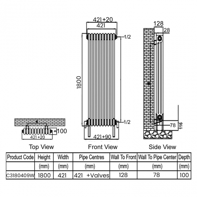 Ultraheat Tubular 3-Column Radiator 1800mm H x 421mm W 9 Sections - White