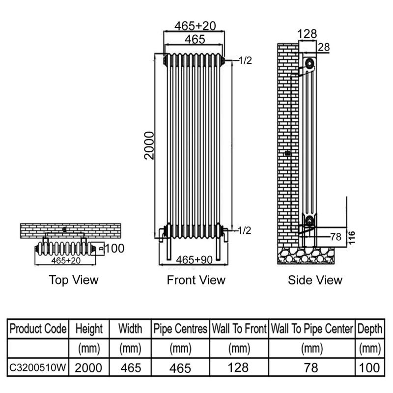 Ultraheat Tubular 3-Column Radiator 2000mm H x 465mm W 10 Sections - White
