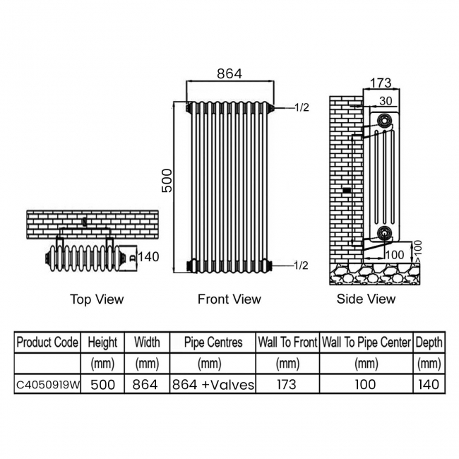 Ultraheat Tubular 4-Column Radiator 500mm H x 864mm W 19 Sections - White  | Dimension Image
