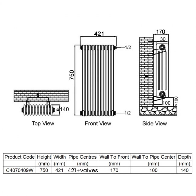 Ultraheat Tubular 4-Column Horizontal Radiator 750mm H x 421mm W (9 Sections)  | Dimension Image