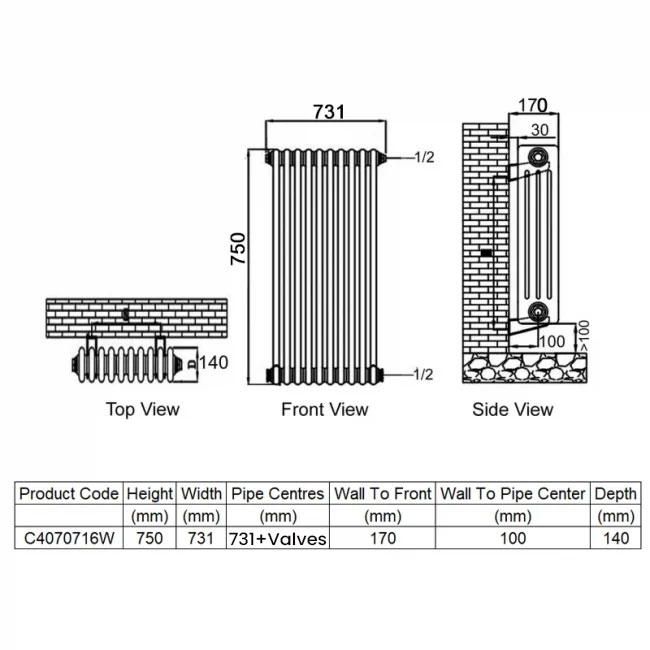 Ultraheat Tubular 4-Column Horizontal Radiator 750mm H x 731mm W (16 Sections)  | Dimension Image