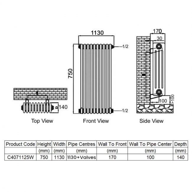 Ultraheat Tubular 4-Column Horizontal Radiator 750mm H x 1130mm W (25 Sections)  | Dimension Image