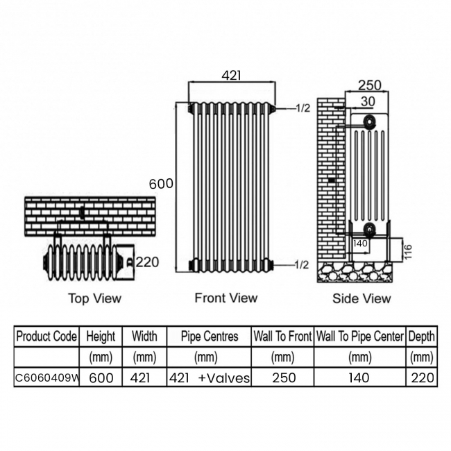 Ultraheat Tubular 6-Column Horizontal Radiator 600mm H x 421mm W (9 Sections)  | Dimension Image