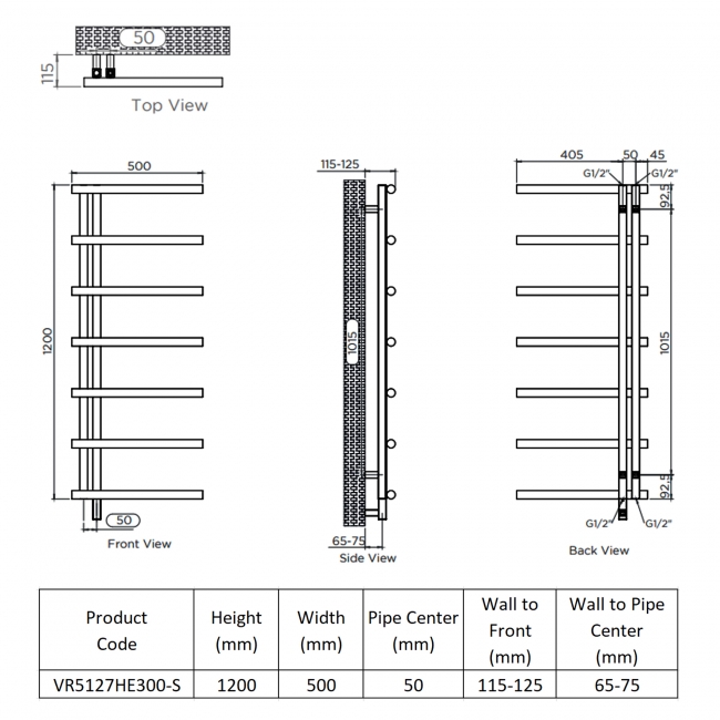 Ultraheat Vera Electric Towel Rail 1200mm H x 500mm W - Brushed Matt  | Dimension Image