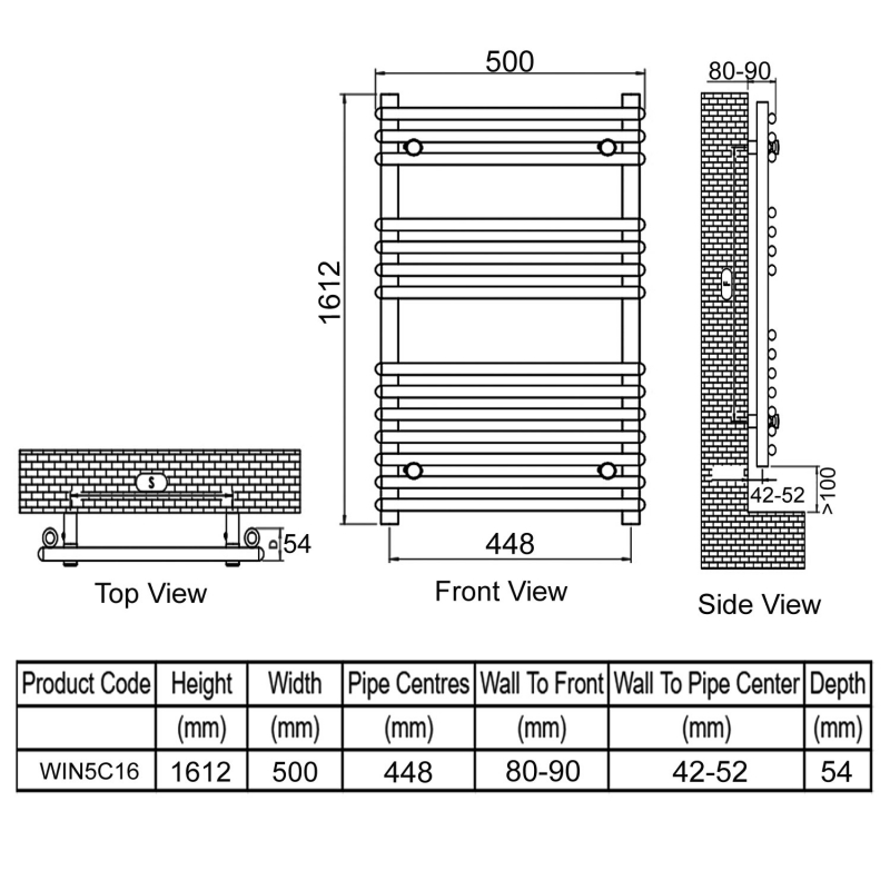 Ultraheat Windsor Straight Heated Towel Rail 1612mm H x 500mm W - Chrome