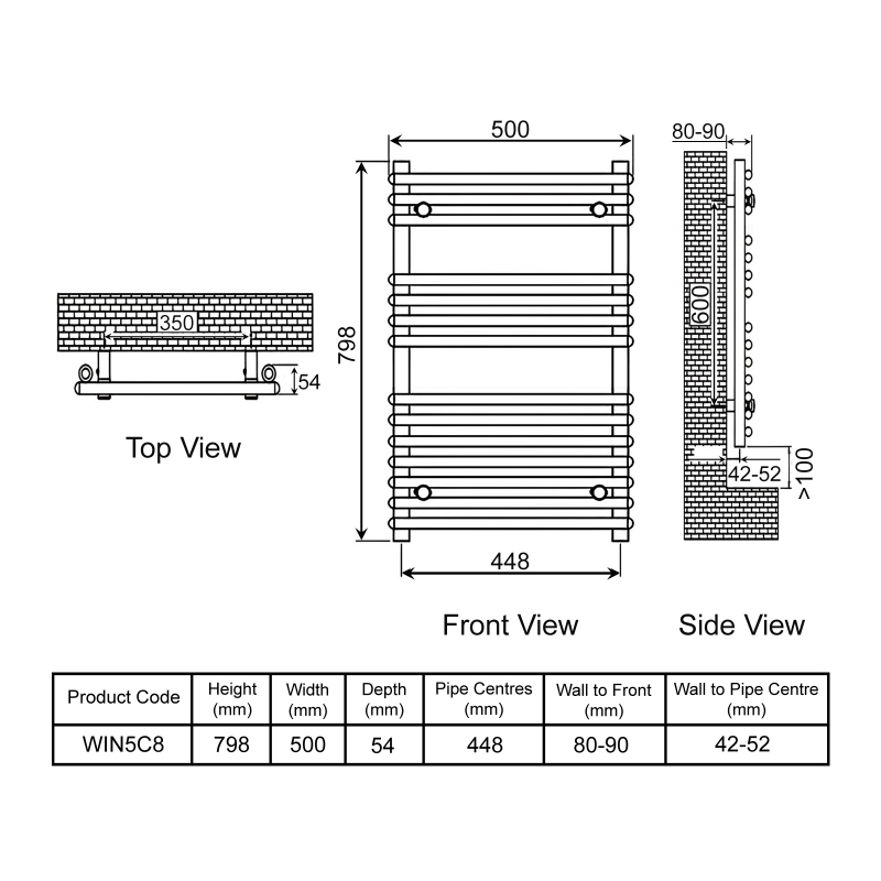 Ultraheat Windsor Straight Heated Towel Rail 798mm H x 500mm W - Chrome