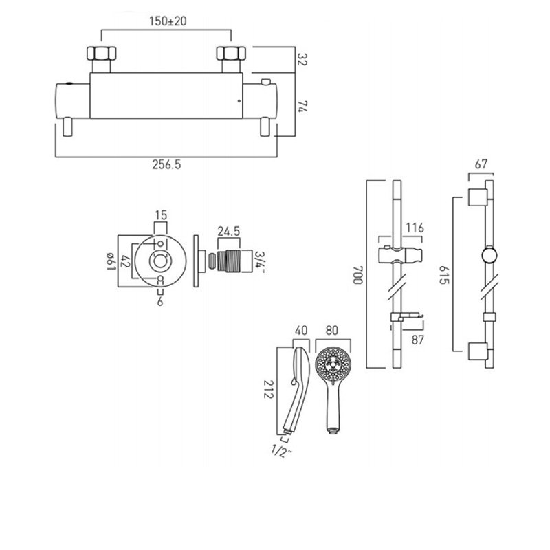 Vado Prima Bar Shower PRIMABOX4/BMFC/P 1 Outlet Chrome