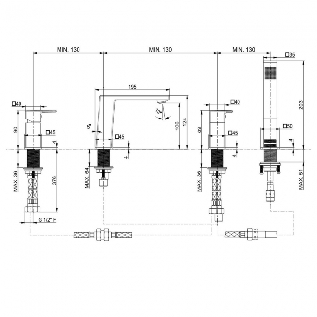 Vema Lys 4-Hole Bath Shower Mixer Tap Pillar Mounted - Chrome