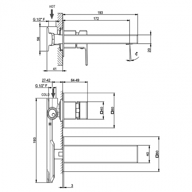 Vema Lys 2-Hole Basin Mixer Tap Wall Mounted - Chrome