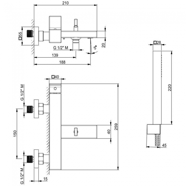 Vema Lys Bath Shower Mixer Tap with Shower Kit Wall Mounted - Chrome