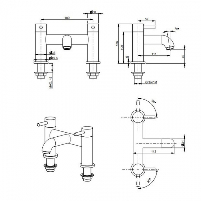 Vema Maira Bath Filler Tap Pillar Mounted - Chrome  | Dimension Image