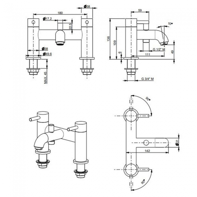 Vema Maira Bath Shower Mixer Tap with Shower Kit - Matt Black