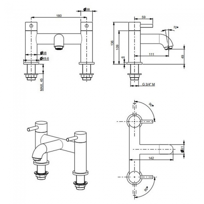 Vema Maira Bath Filler Tap Pillar Mounted - Matt Black  | Dimension Image