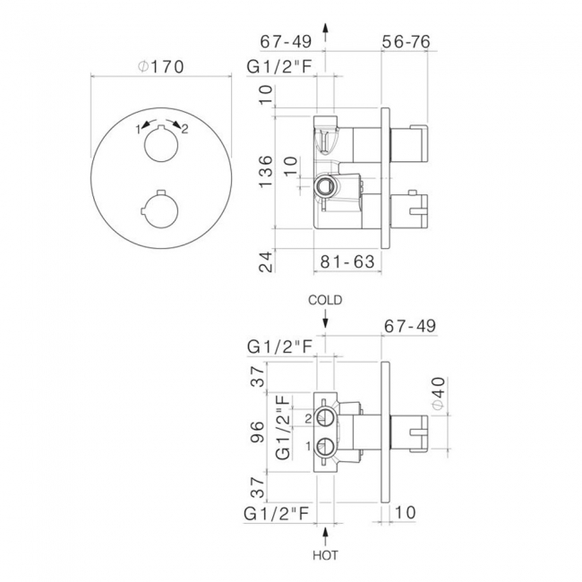 Vema Round Plate Thermostatic Concealed Shower Valve Dual Handle - Chrome