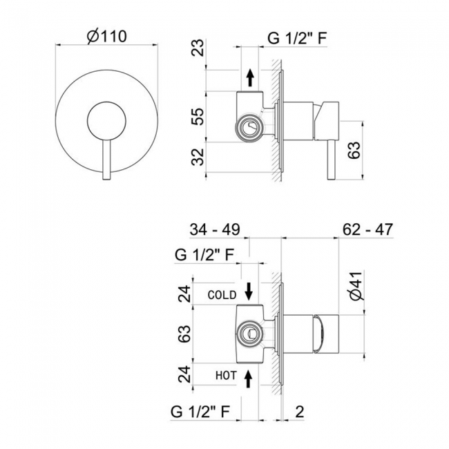 Vema Tiber Built In 1 Outlet Concealed Shower Valves - Brushed Brass  | Dimension Image