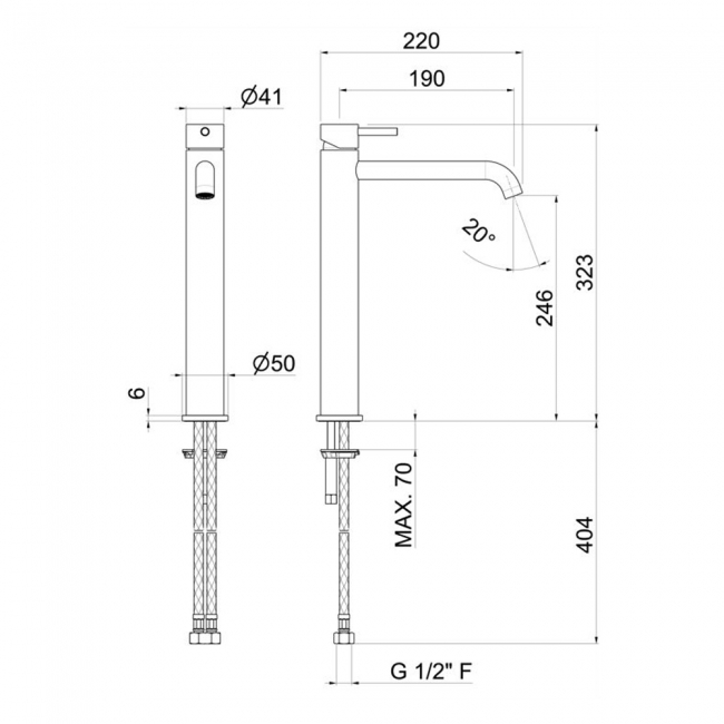 Vema Tiber Tall Basin Mixer Tap Single Handle - Stainless Steel  | Dimension Image