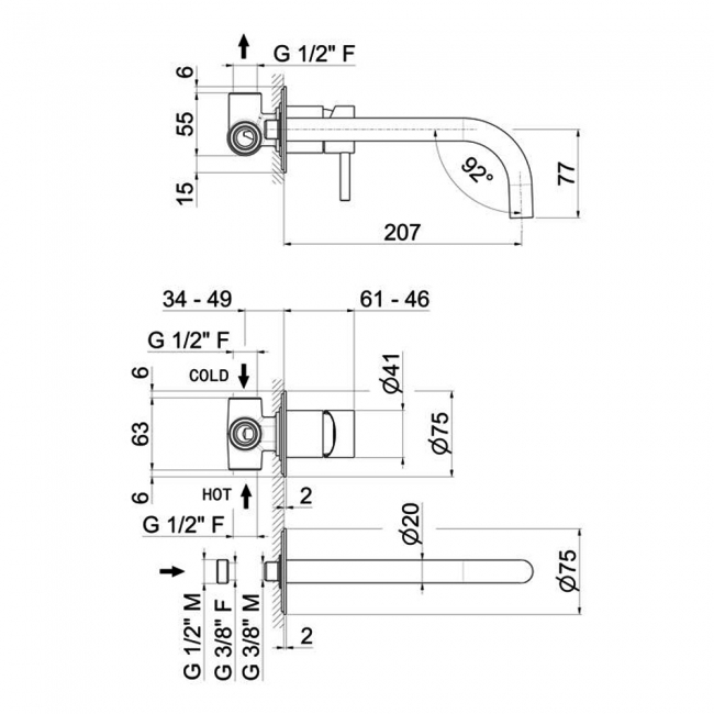 Vema Tiber 2-Hole Basin Mixer Tap Wall Mounted - Stainless Steel  | Dimension Image