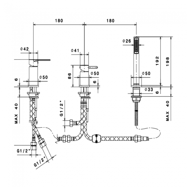 Vema Timea 3-Hole Bath Shower Mixer Tap Deck Mounted - Chrome