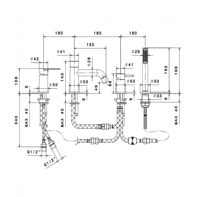 Vema Timea 4-Hole Bath Shower Mixer Tap Pillar Mounted - Matt Black