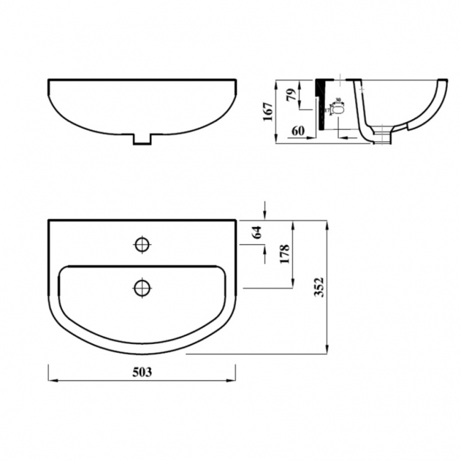 Verona Advantage Semi-Recessed Basin 500mm Wide 1 Tap Hole