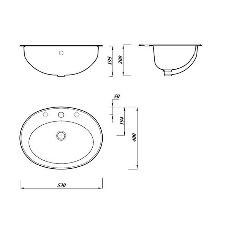 Verona Advantage Inset Counter Top Basin 530mm Wide 1 Tap Hole