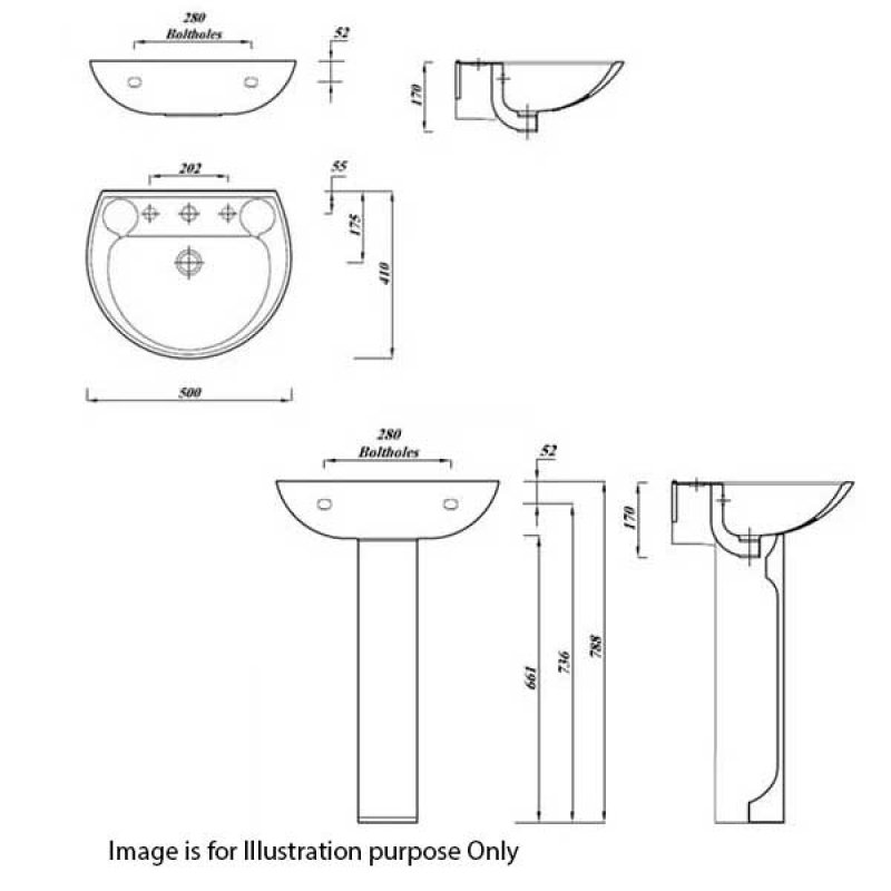 Verona Advantage Basin & Full Pedestal 500mm Wide 2 Tap Hole  | Dimension Image