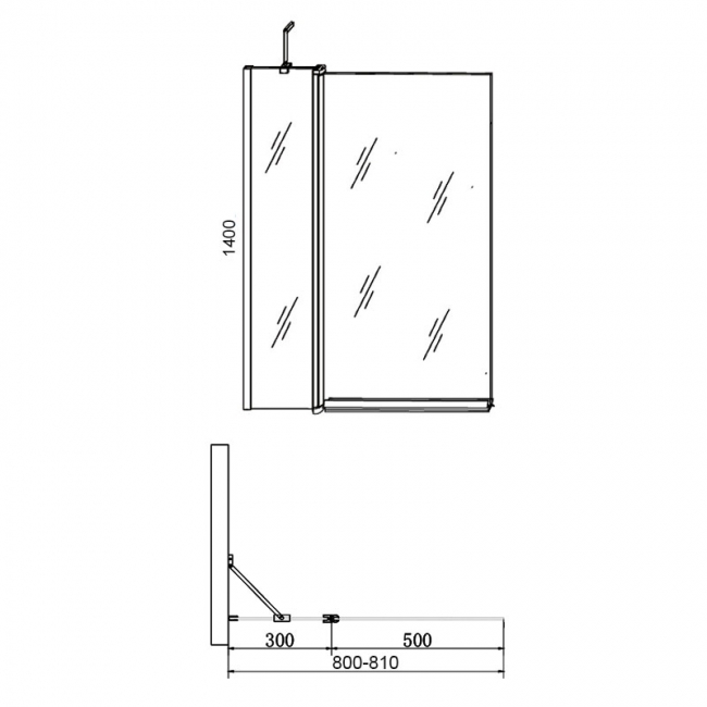 Verona Aquaglass+ Square Hinged Bath Screen with Fixed Panel 1400mm H x 800mm W - 6mm Glass  | Dimension Image