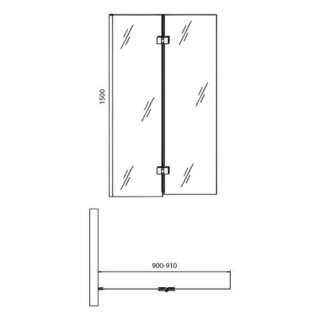 Verona Aquaglass+ Straight Fixed Bath Screen with Hinged Swivel Panel 1500mm H x 900mm W - 6mm Glass  | Dimension Image