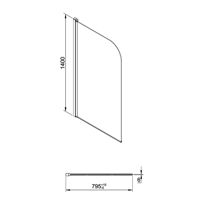 Verona Aquaglass+ Single Rise and Fall Hinged Bath Screen 1400mm H x 800mm W - 6mm Glass  | Dimension Image